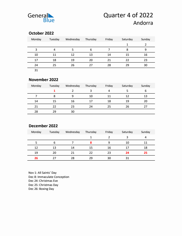 2022 Q4 Three-Month Calendar for Andorra