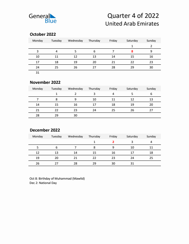 2022 Q4 Three-Month Calendar for United Arab Emirates