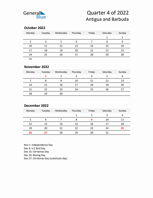 2022 Q4 Three-Month Calendar for Antigua and Barbuda