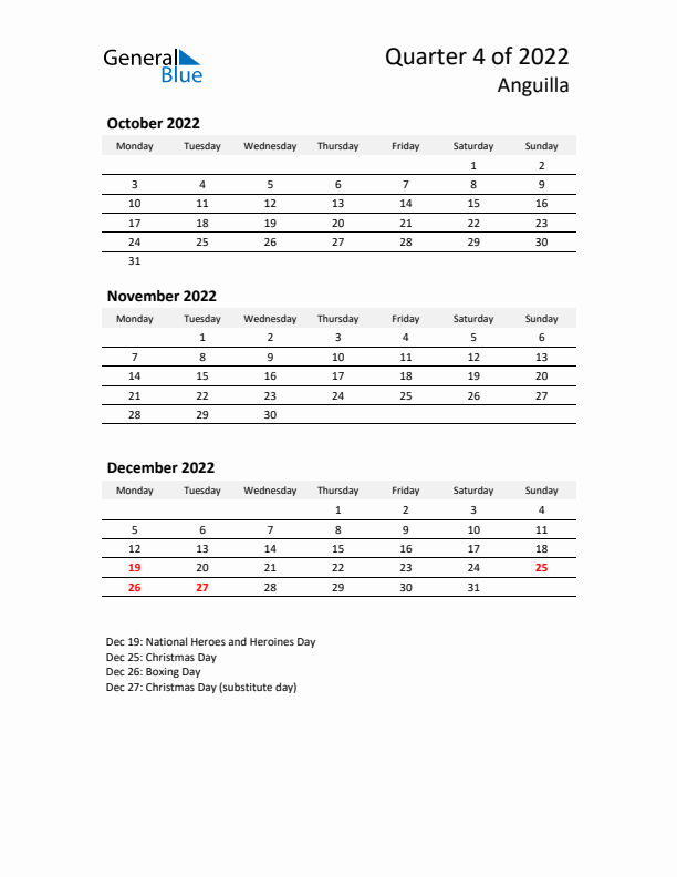 2022 Q4 Three-Month Calendar for Anguilla