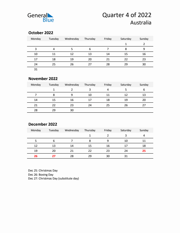 2022 Q4 Three-Month Calendar for Australia