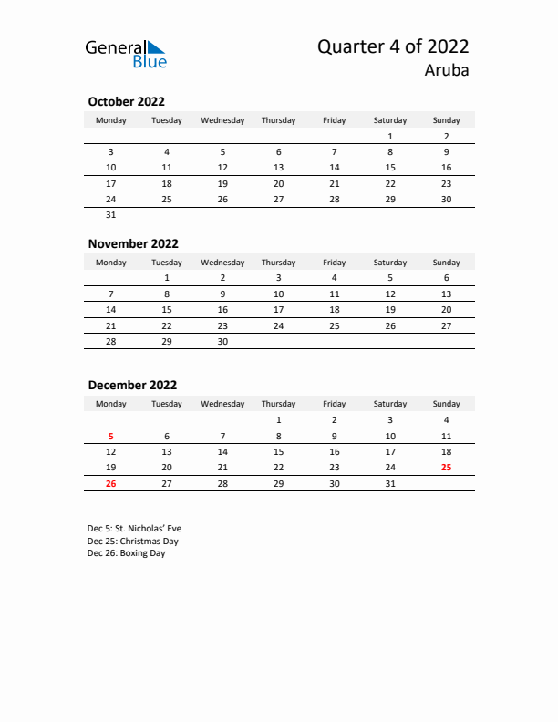 2022 Q4 Three-Month Calendar for Aruba