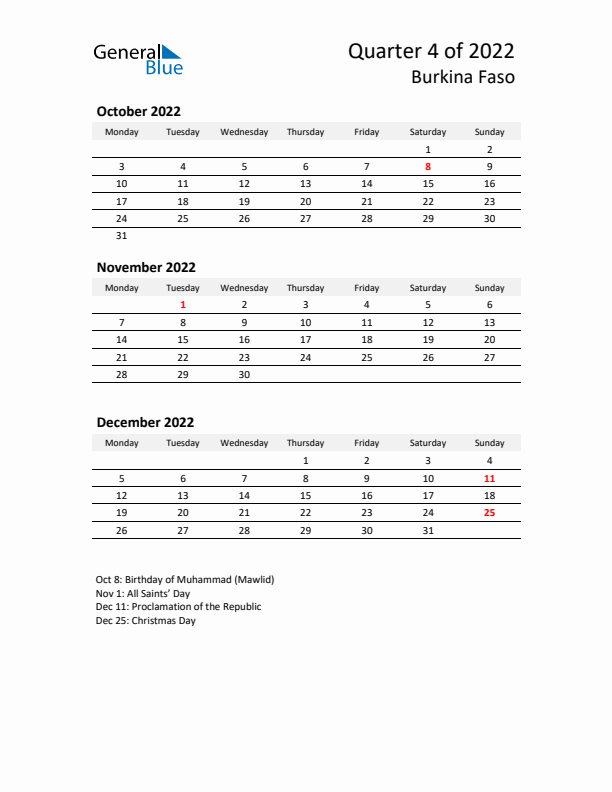 2022 Q4 Three-Month Calendar for Burkina Faso