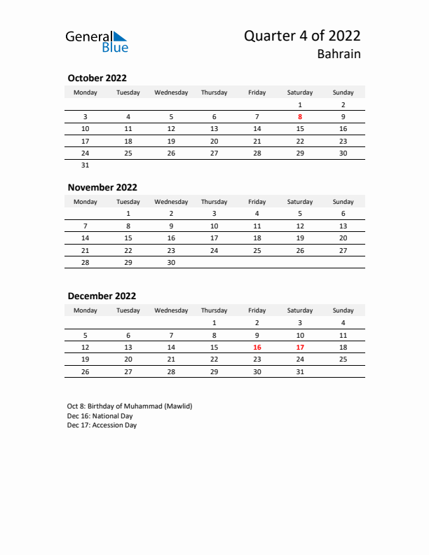 2022 Q4 Three-Month Calendar for Bahrain