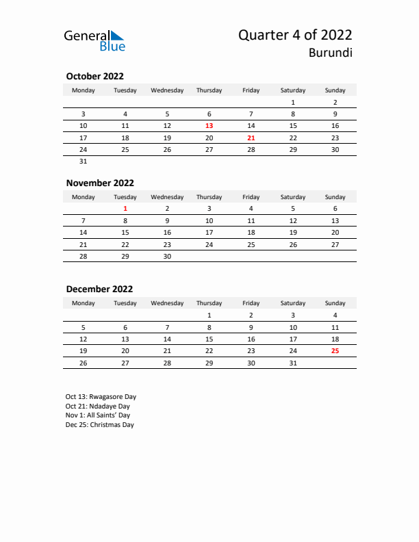 2022 Q4 Three-Month Calendar for Burundi