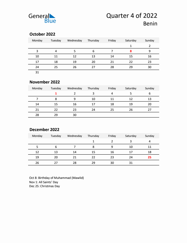 2022 Q4 Three-Month Calendar for Benin