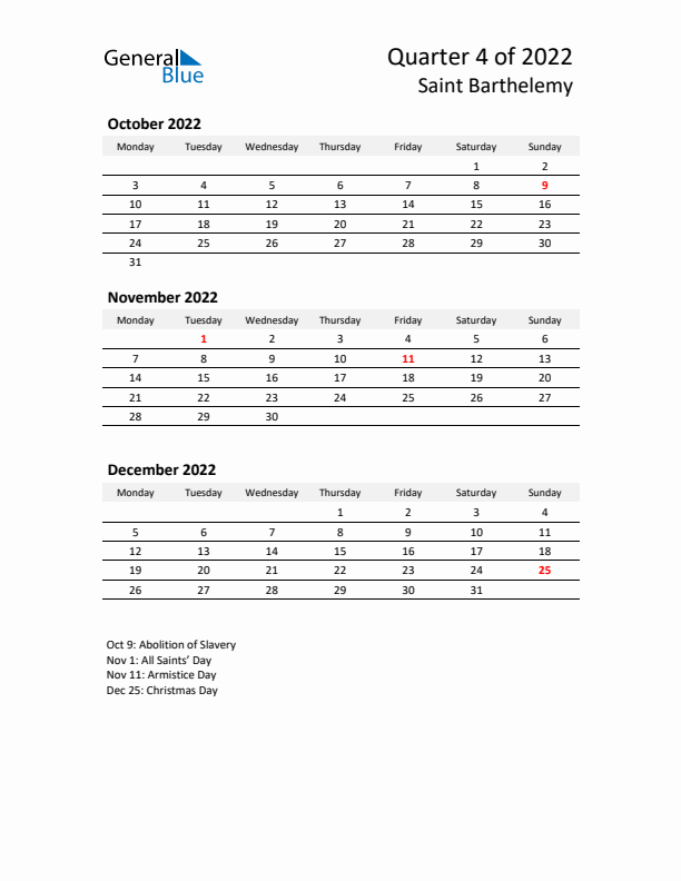 2022 Q4 Three-Month Calendar for Saint Barthelemy