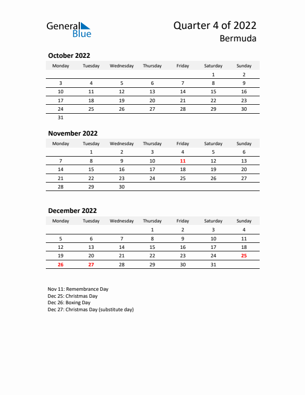 2022 Q4 Three-Month Calendar for Bermuda