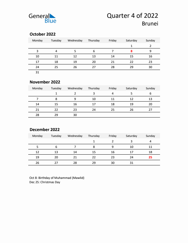 2022 Q4 Three-Month Calendar for Brunei