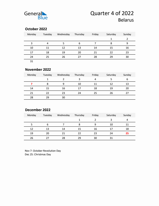 2022 Q4 Three-Month Calendar for Belarus