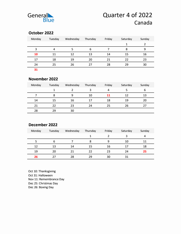 2022 Q4 Three-Month Calendar for Canada