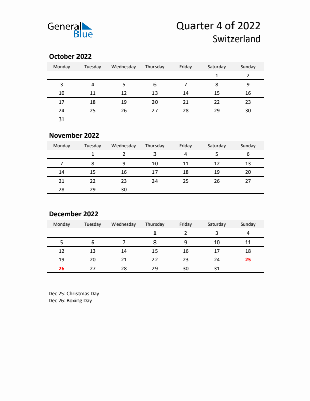 2022 Q4 Three-Month Calendar for Switzerland