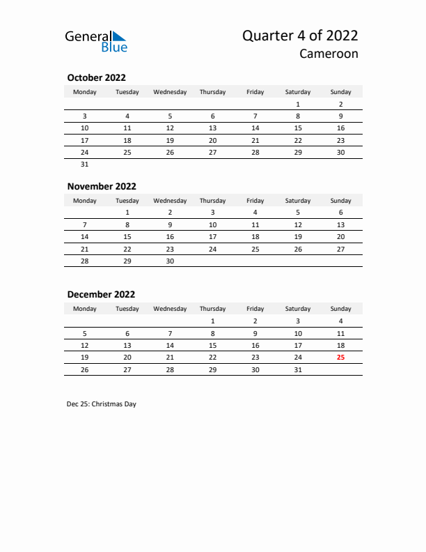 2022 Q4 Three-Month Calendar for Cameroon