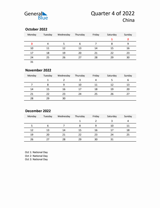 2022 Q4 Three-Month Calendar for China