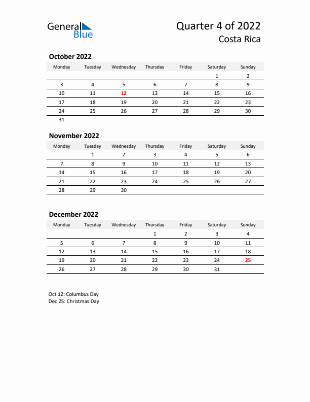 2022 Q4 Three-Month Calendar for Costa Rica