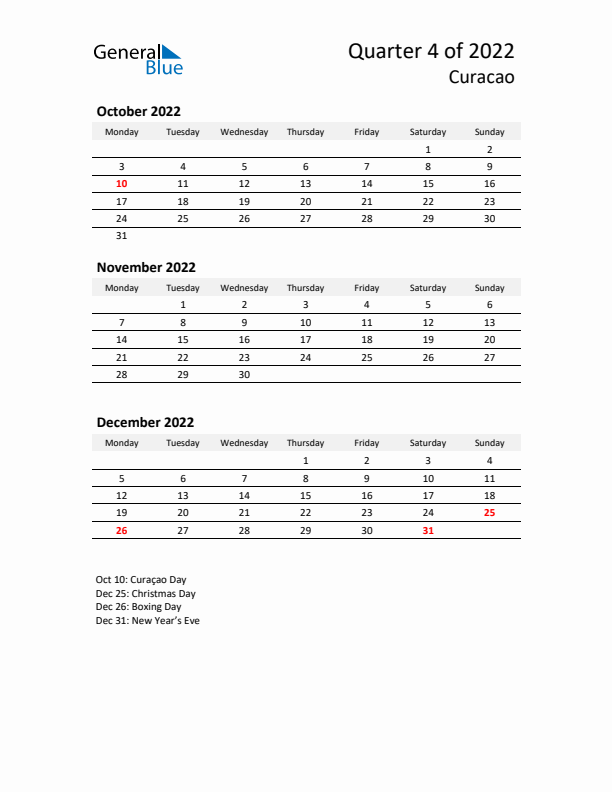 2022 Q4 Three-Month Calendar for Curacao