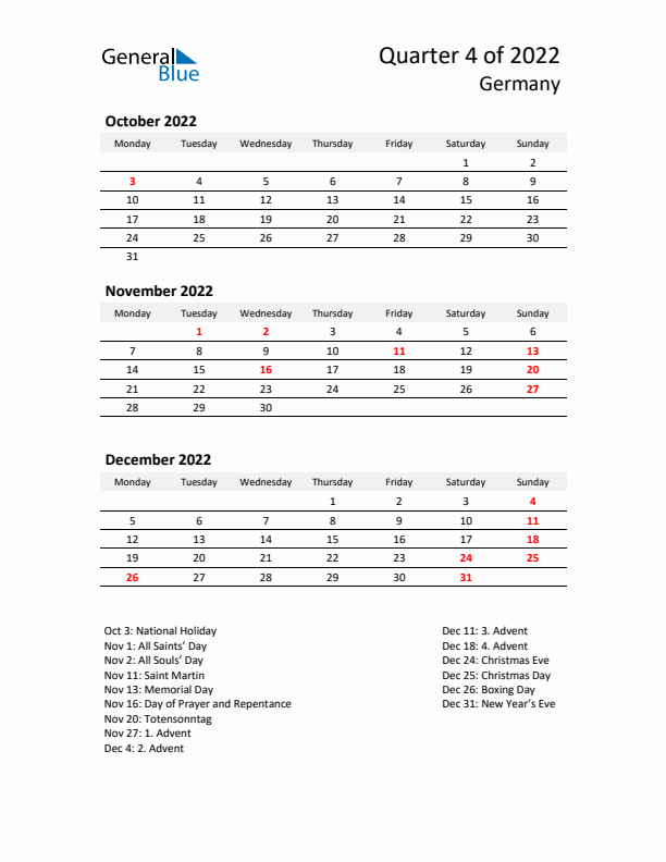 2022 Q4 Three-Month Calendar for Germany