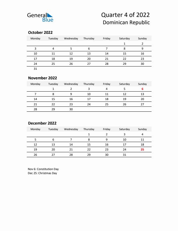 2022 Q4 Three-Month Calendar for Dominican Republic