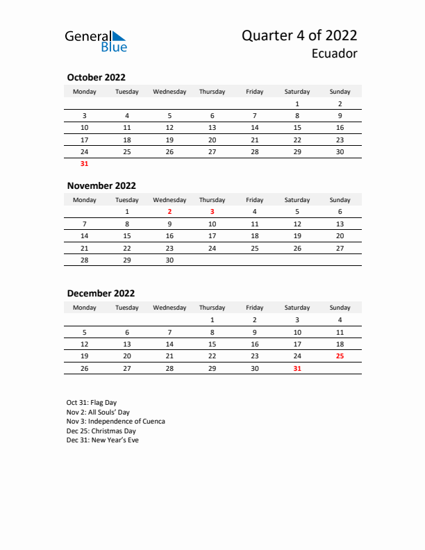 2022 Q4 Three-Month Calendar for Ecuador