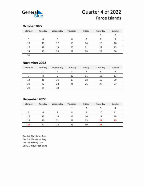 2022 Q4 Three-Month Calendar for Faroe Islands