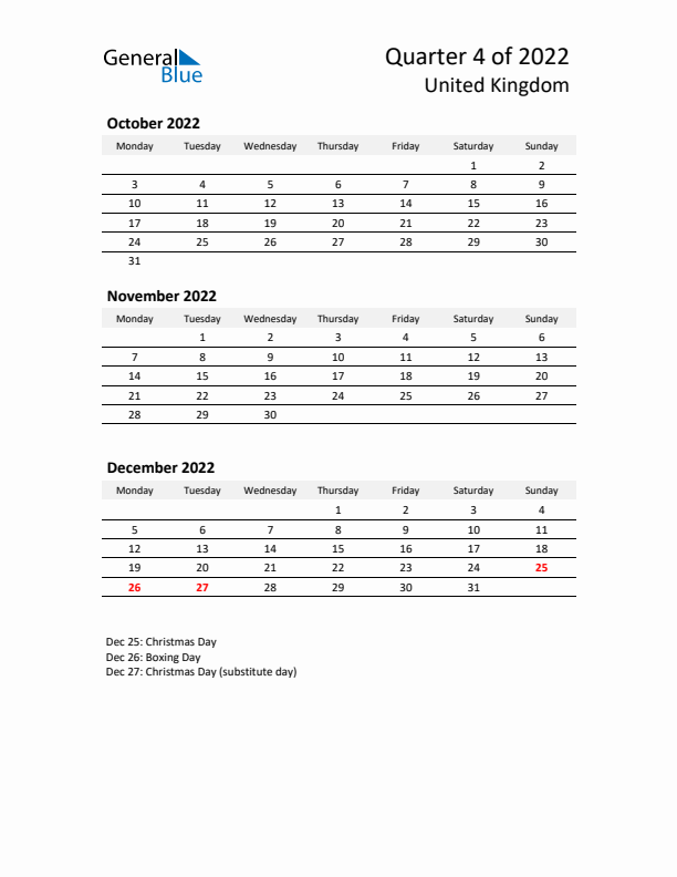 2022 Q4 Three-Month Calendar for United Kingdom