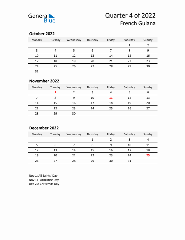 2022 Q4 Three-Month Calendar for French Guiana