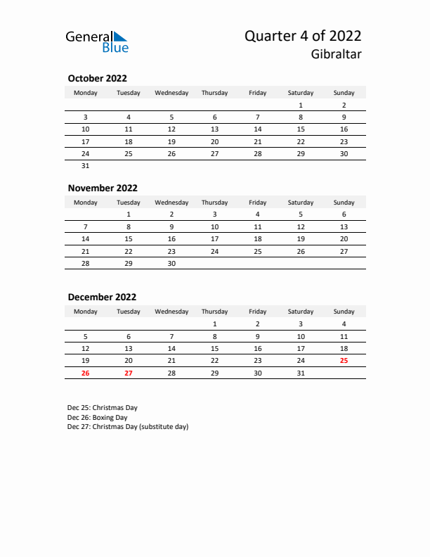 2022 Q4 Three-Month Calendar for Gibraltar