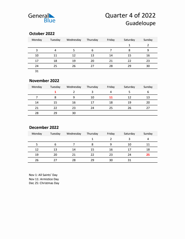 2022 Q4 Three-Month Calendar for Guadeloupe