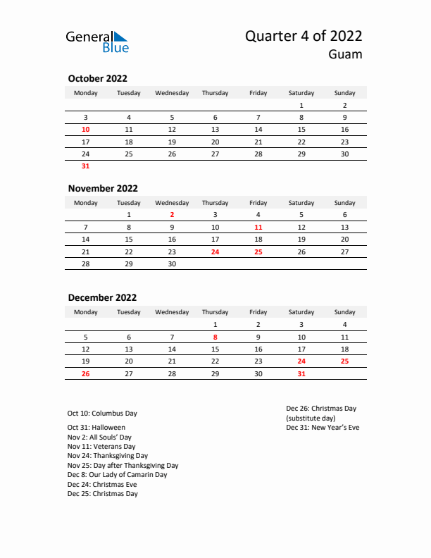 2022 Q4 Three-Month Calendar for Guam