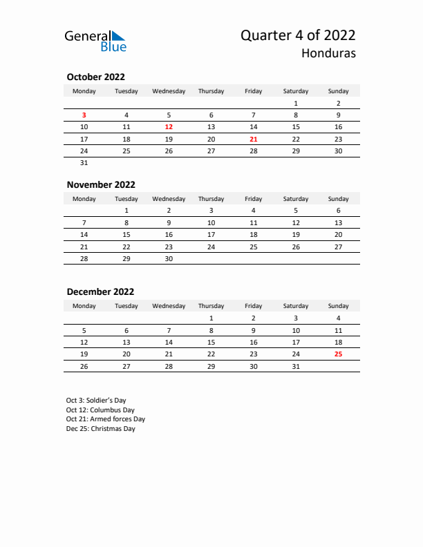 2022 Q4 Three-Month Calendar for Honduras