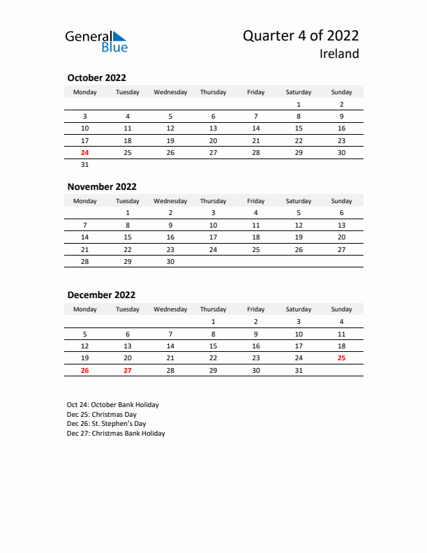 2022 Q4 Three-Month Calendar for Ireland