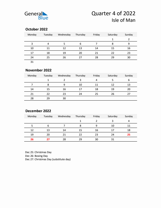 2022 Q4 Three-Month Calendar for Isle of Man