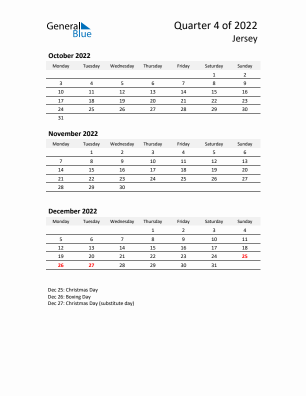 2022 Q4 Three-Month Calendar for Jersey