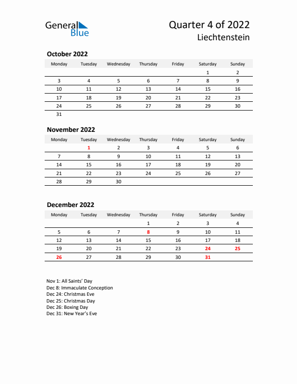 2022 Q4 Three-Month Calendar for Liechtenstein