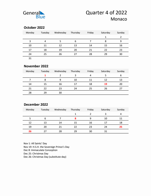 2022 Q4 Three-Month Calendar for Monaco