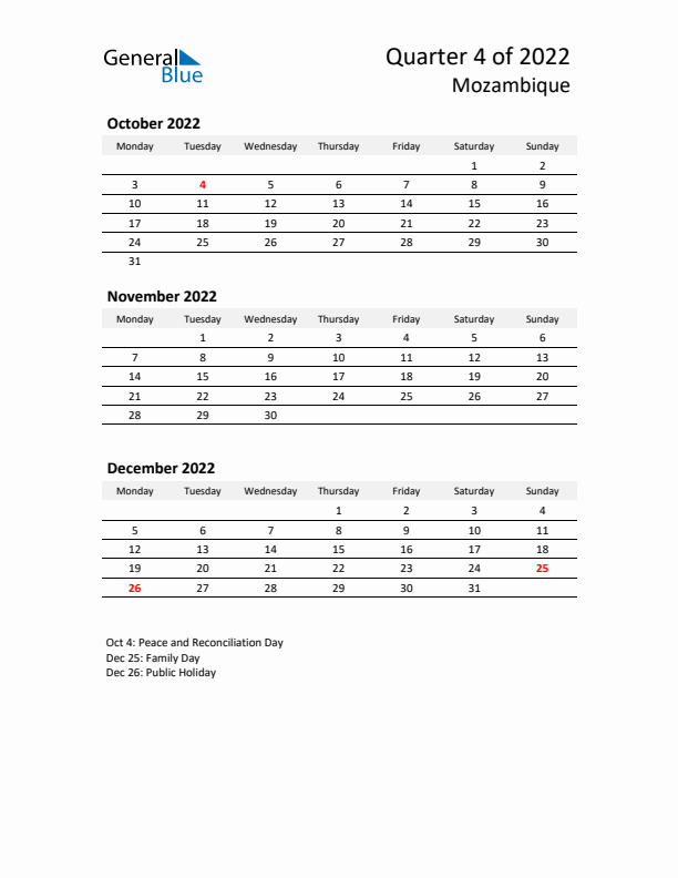 2022 Q4 Three-Month Calendar for Mozambique