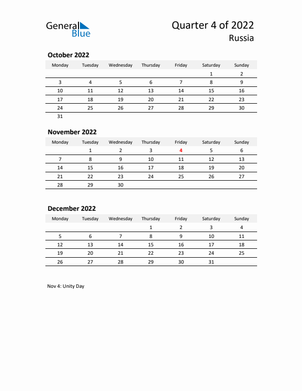 2022 Q4 Three-Month Calendar for Russia