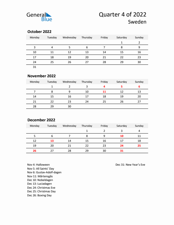 2022 Q4 Three-Month Calendar for Sweden