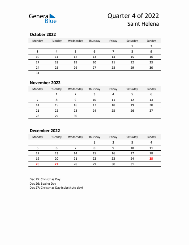 2022 Q4 Three-Month Calendar for Saint Helena