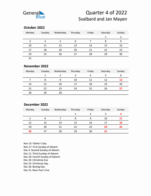 2022 Q4 Three-Month Calendar for Svalbard and Jan Mayen