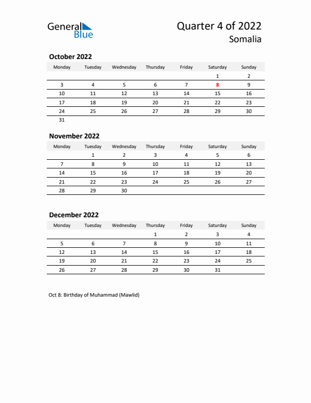 2022 Q4 Three-Month Calendar for Somalia