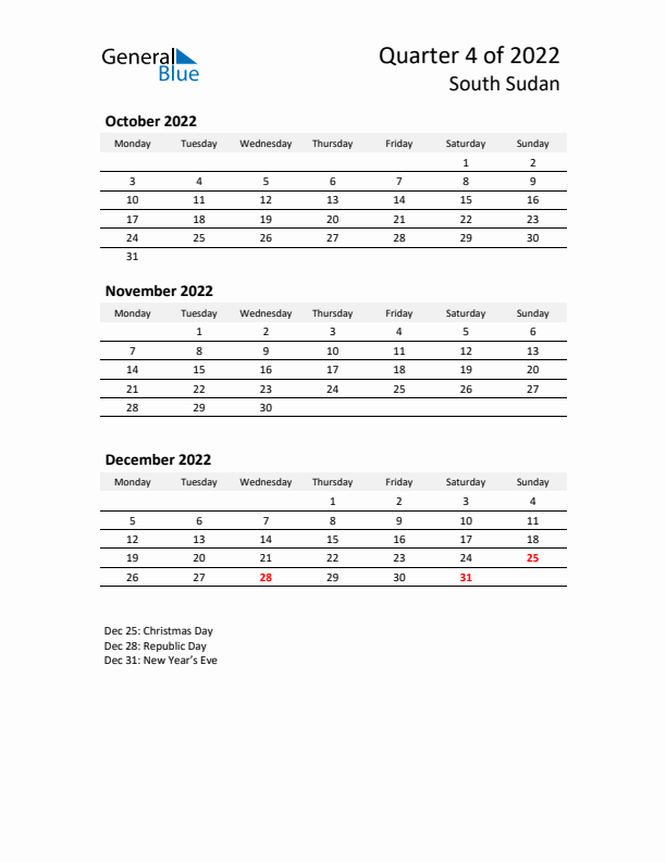 2022 Q4 Three-Month Calendar for South Sudan