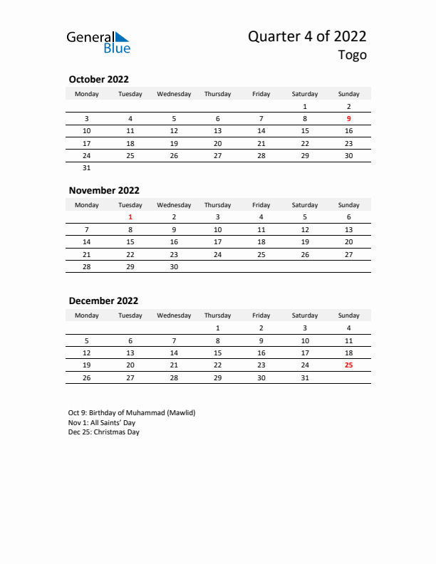 2022 Q4 Three-Month Calendar for Togo