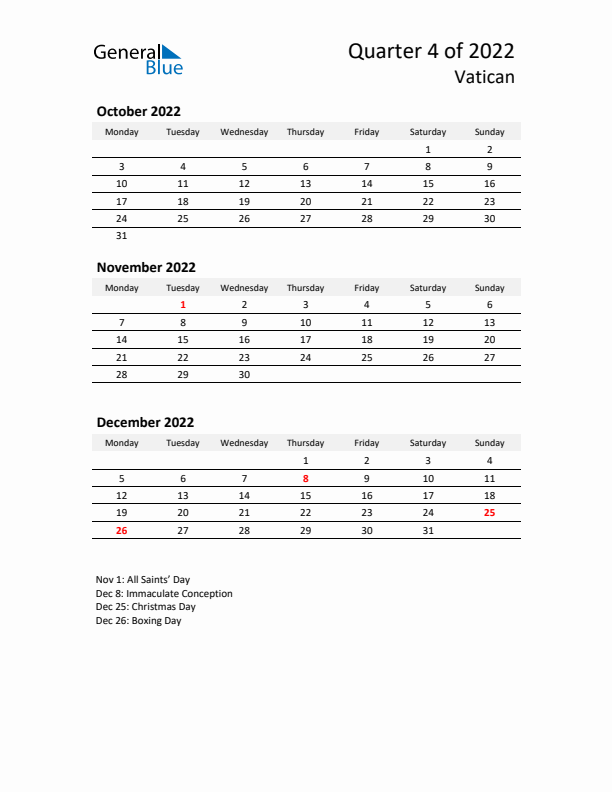 2022 Q4 Three-Month Calendar for Vatican