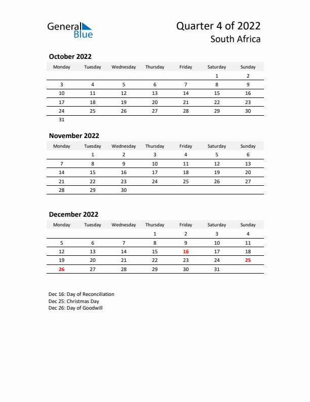 2022 Q4 Three-Month Calendar for South Africa