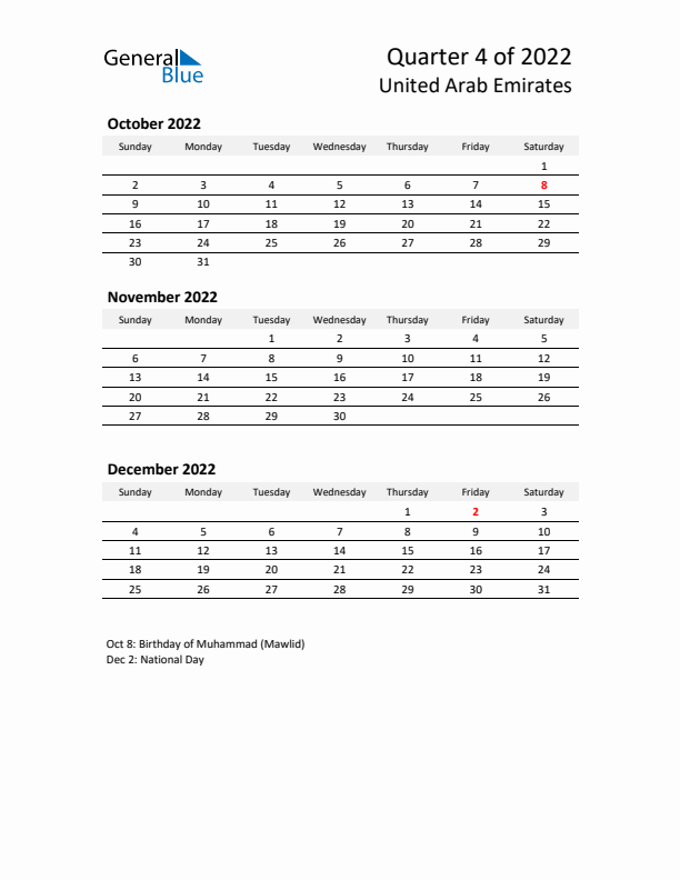 2022 Q4 Three-Month Calendar for United Arab Emirates