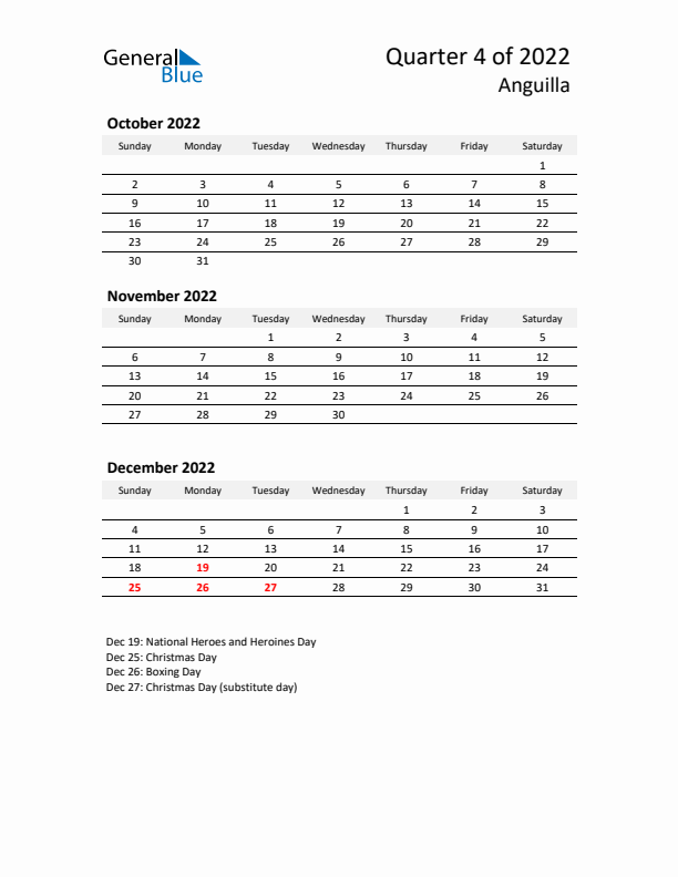 2022 Q4 Three-Month Calendar for Anguilla