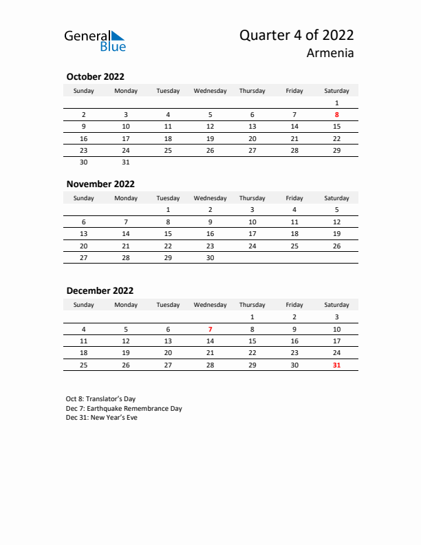 2022 Q4 Three-Month Calendar for Armenia