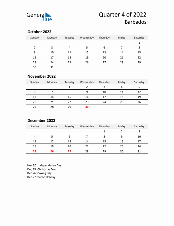 2022 Q4 Three-Month Calendar for Barbados