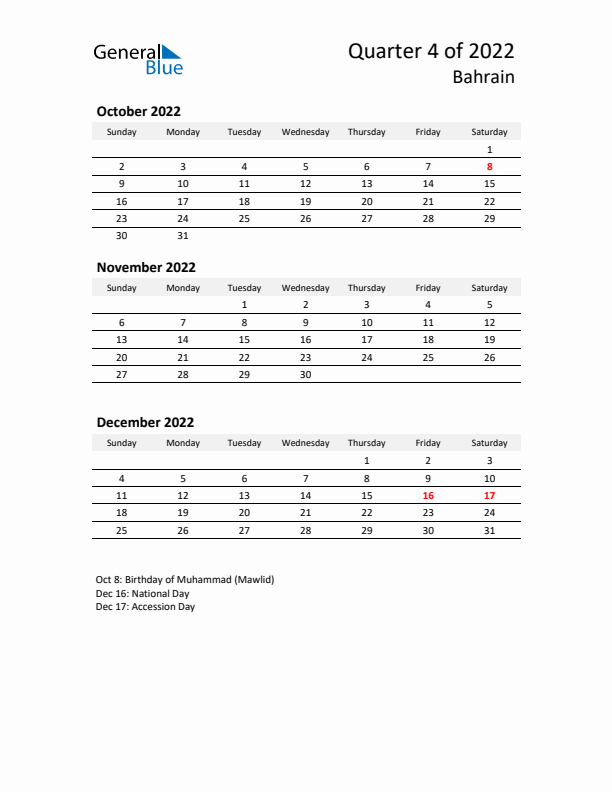 2022 Q4 Three-Month Calendar for Bahrain